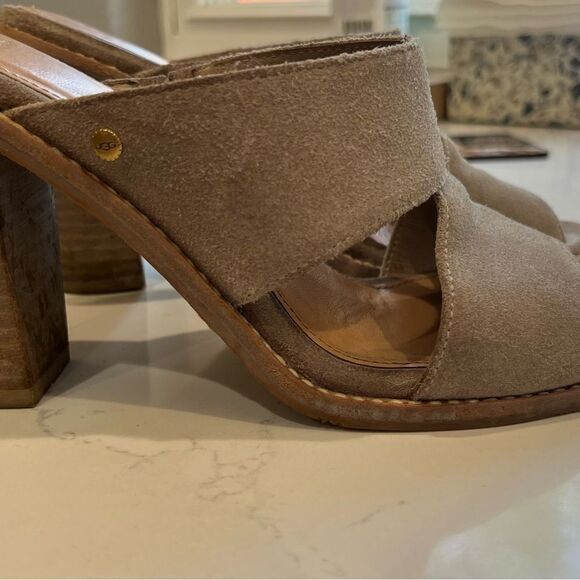 UGG Celia Grey Suede Cutout Slide Heels Sandals Heeled Open Toe Mules Sz 6.5 - Picture 5 of 11
